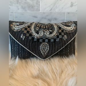 Beaded Black Envelope Clutch/Crossbody Handbag with Crystal Accents